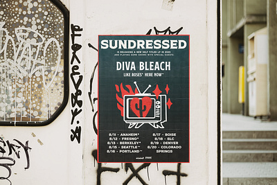 Sundressed Album Release Tour Poster 🌵❤️ bands bold burning cactus design emo emotional fire grunge illustration poppunk poster simple sparkles tour poster tv type vintage