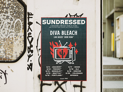 Sundressed Album Release Tour Poster 🌵❤️ bands bold burning cactus design emo emotional fire grunge illustration poppunk poster simple sparkles tour poster tv type vintage