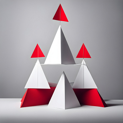 "A Pyramid of Red and White Paper Triangles on a White Surface"