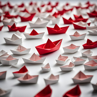 "A Group of Red and White Paper Boats in a Circular Formation"