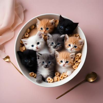 "A Delightful Dinner: Six Kittens Enjoying Their Meal in a White