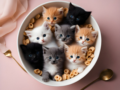 "A Delightful Dinner: Six Kittens Enjoying Their Meal in a White