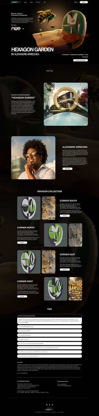 Landing page for the Hexagon Garden by Alexandre Arrechea 3d graphic design ui web