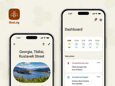 Beelog application apiaries apiary app application bee bees data connection hive hives honey journal location mobile sensor telemetry tracking ui design uxui