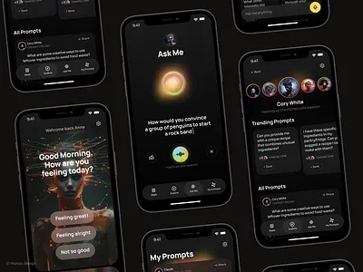 AI-powered social network mobile app Figma UI template ai app artificial chatgpt dark design figma friends instagram ios light midjourney mobile post prompts reel social template ui voice