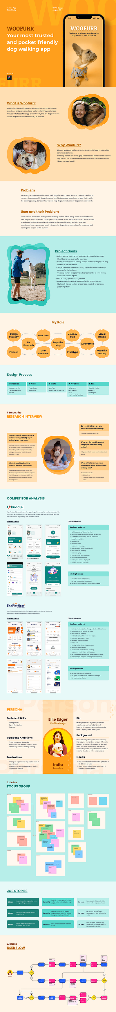 WOOFURR Dog Walking App - UX Case Study app case study competitor analysis design system dogwalking information architure moodboard persona prototype ui design ui kit usability testing user experience user flow user reasearch ux ux design wireframes