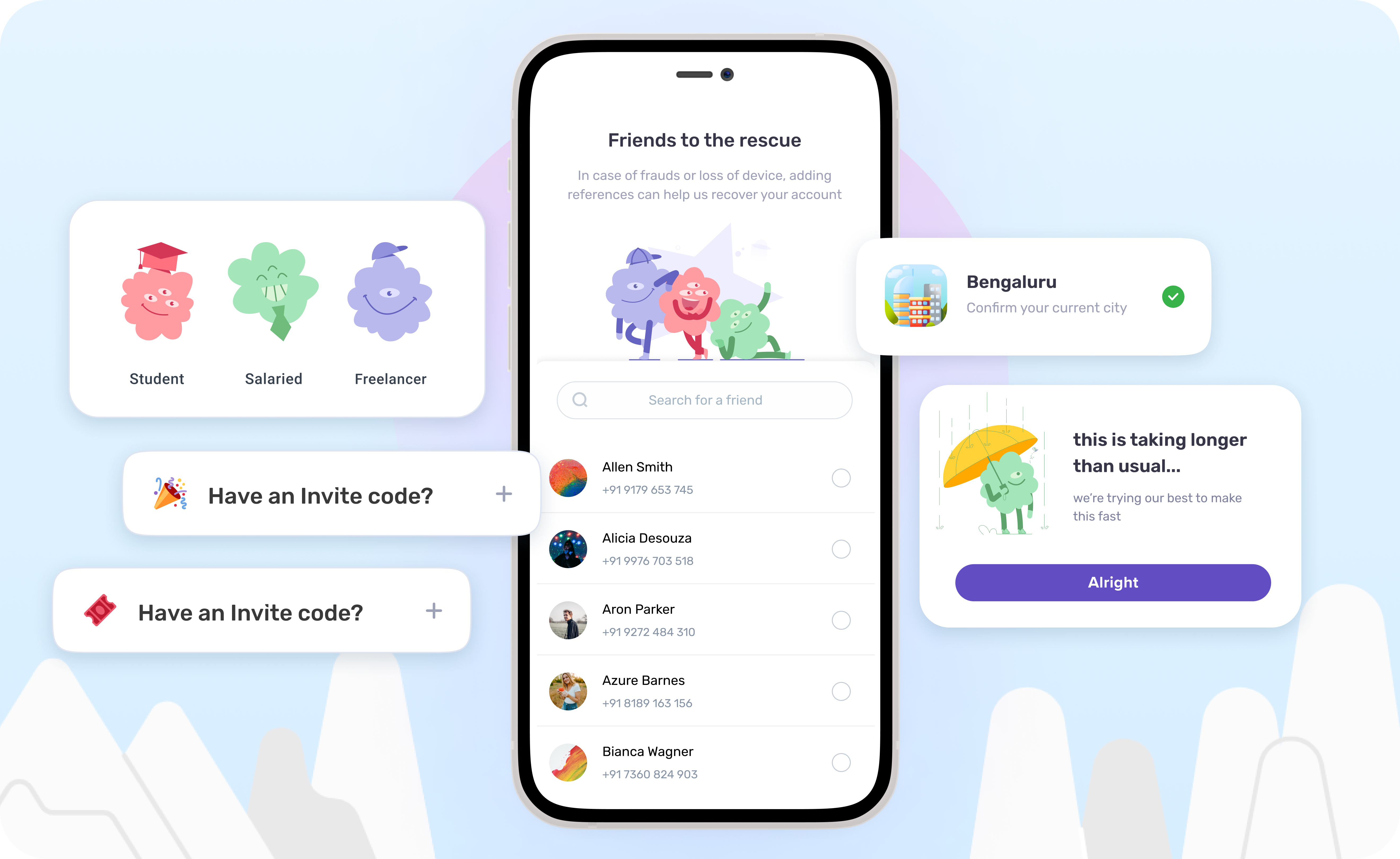 Onboarding UI contact fintech friends illustration mobile ui mobileui onboarding signup ui