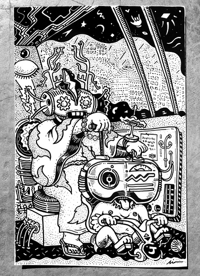 "El Jirama" (electric cut) art black and white color pencil comics design draw drawing dream electricity experimental fun graphic design illustration manga postcard robot underground water ink