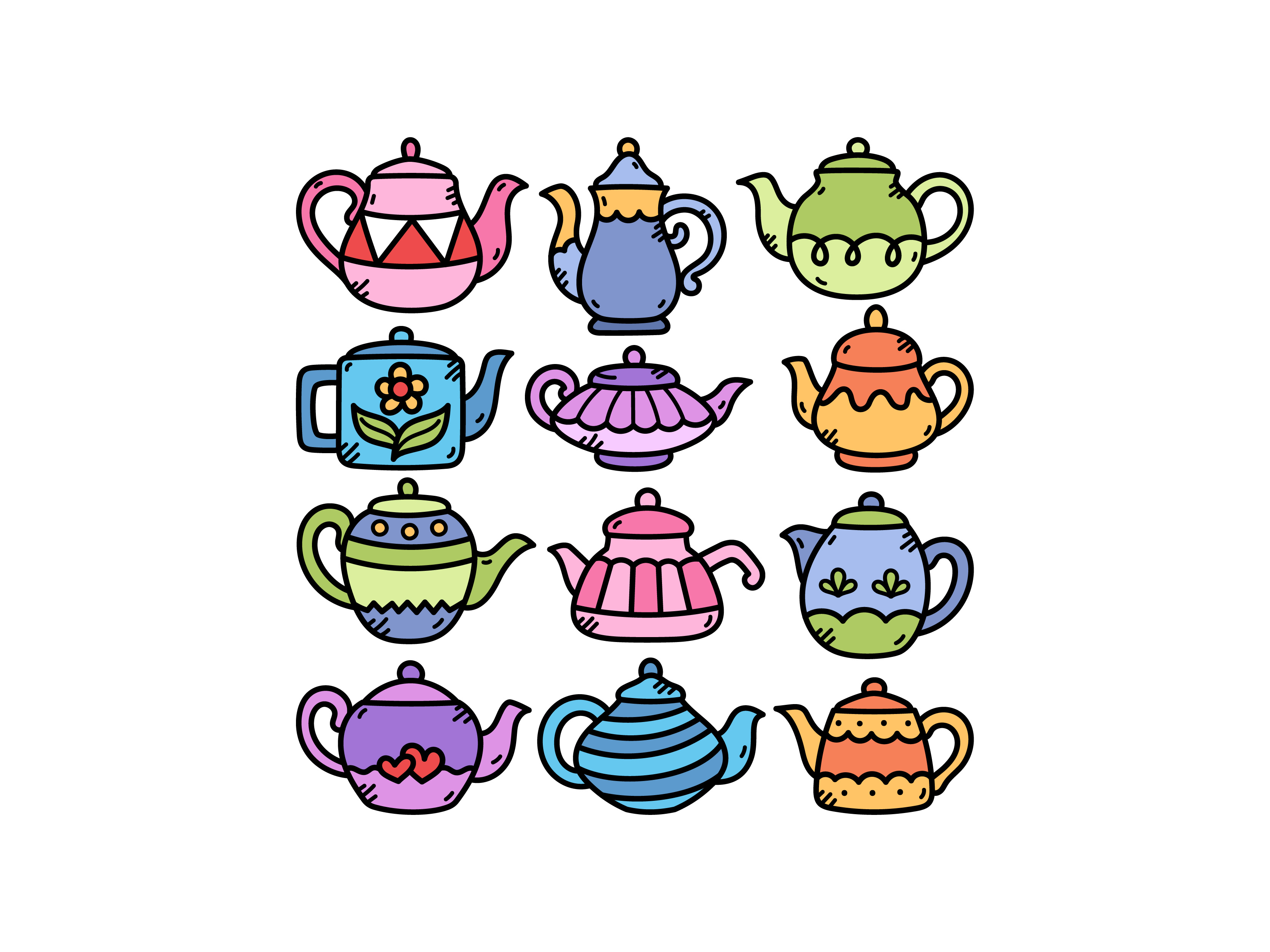 Teapots Doodle Set cute doodle icon illustration logo teapots vector