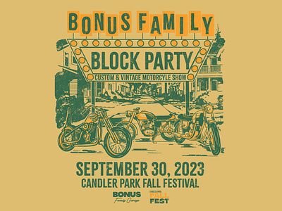 Bonus Family Garage Block Party Flyer illustration motorcycle neighborhood photoshop procreate vintage