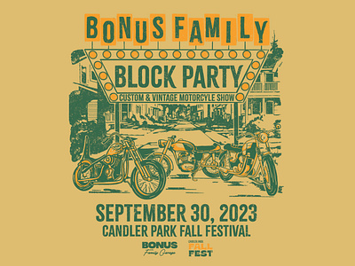 Bonus Family Garage Block Party Flyer illustration motorcycle neighborhood photoshop procreate vintage