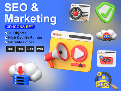 Seo and Marketing 3D icon Set ✨ bug search seo search seo setting verified shield video marketing