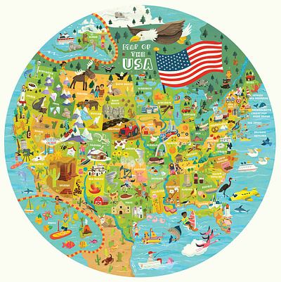 boppi toys – round jigsaw map of the USA americana childrens book illustration childrens books childrens illustration illustrated map illustration kids books map map illustration whimsical
