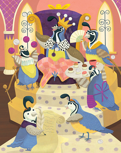 Quail Queen puzzle page for Highlights for Children childrens book illustration childrens books childrens illustration illustration kidlitart kids books puzzle illustration quails whimsical