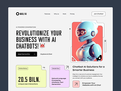 MAX/AI - Business Chatbots ai artificial ui business chatbots chats classic color landing pages modern website robot ui ux