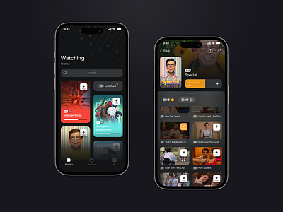 TV shows tracking app: List black dark design list shows ui