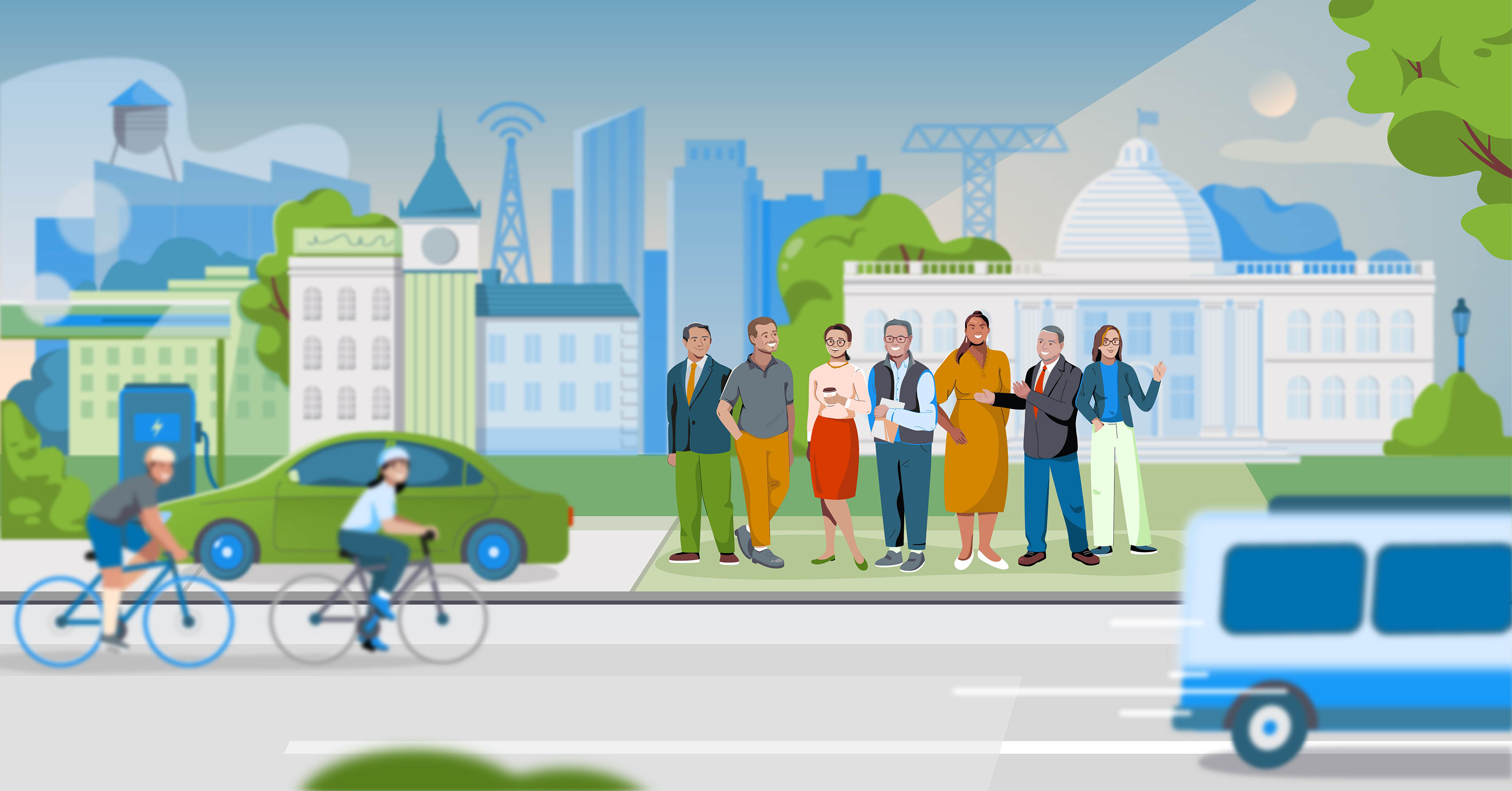 Government leaders bike bikers building character characters city city hall color colorful community design government illustration individualized infrastructure leader people personality vector