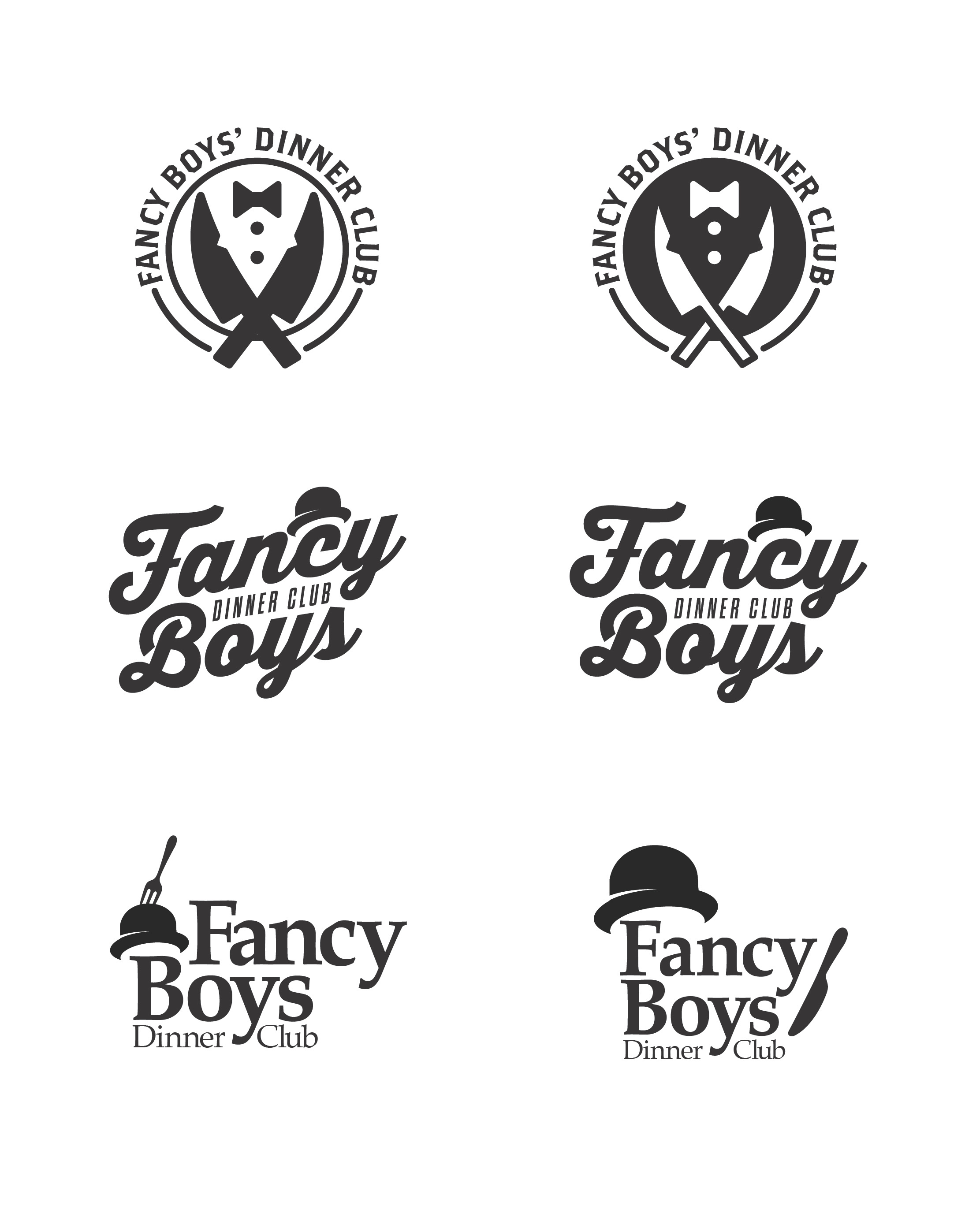 Fancy Boys Dinner Club Logo Exploration badge boy branding chef cleaver club cooking design dinner club fancy fork fraternity graphic design illustration knife logo logotype tux tuxedo
