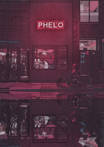 PHELO architecture art design digital illustration lights night painting street