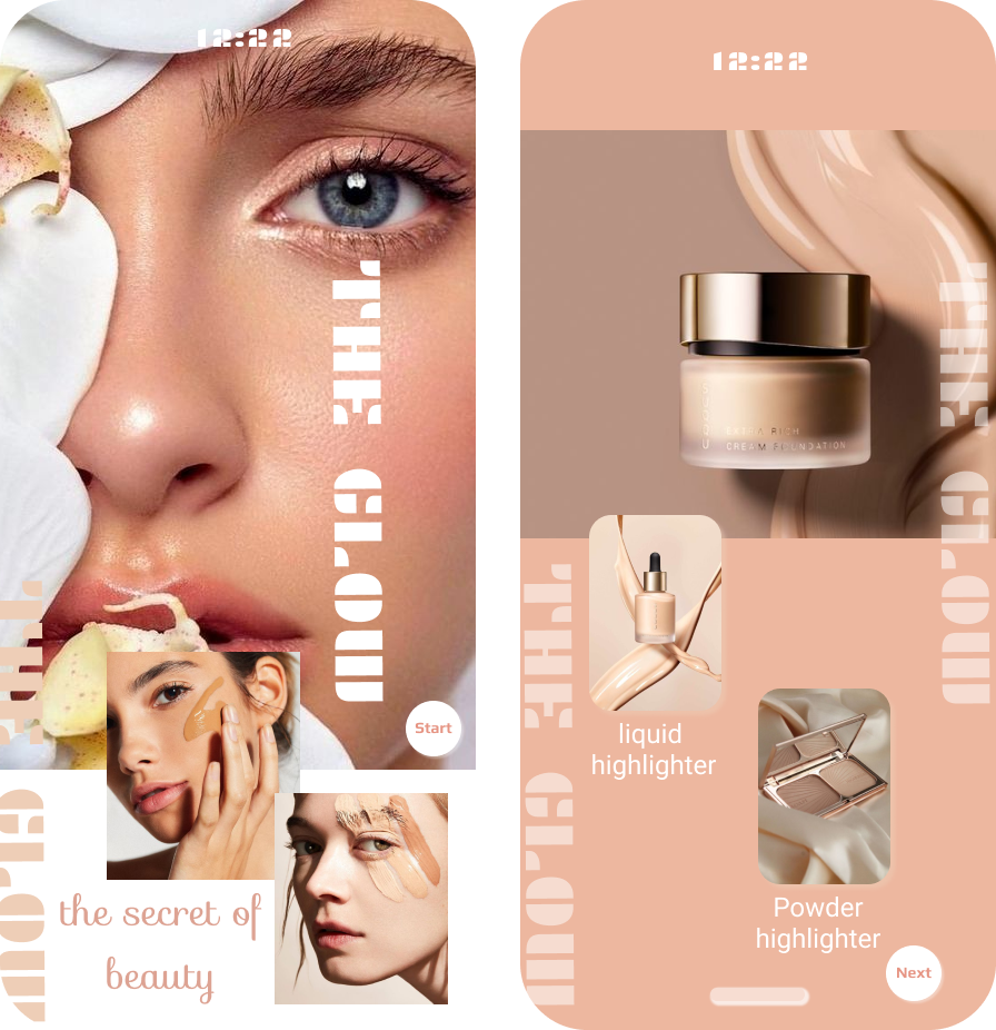 THE GLOW BRANDING APP app design beauty app beauty product design branding beauty product figma highlighter ui ui beauty app ui beauty app design ui branding uiux bauty app uiux design