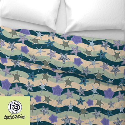 Colorful Starfishes colorful decorative deep teal holiday home decor kids marine life ocean purple seamless pattern seasonal starfish surface design textile pattern under the sea vector wallpaper design waves western winter