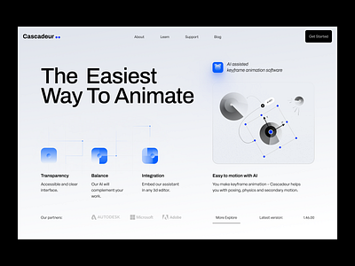 Cascadeur: web design for 3D tool with AI assistant 3d ai app branding clean color design graphic design illustration landing page logo modeling open source software tool ui ux visual identity web website