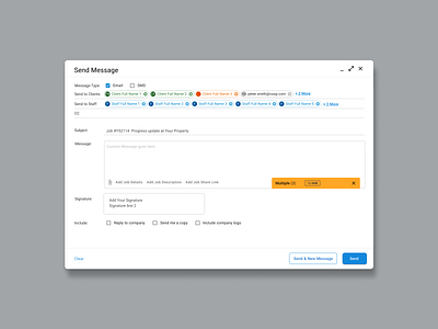 Messaging Modal UI (B2B) b2b component email job management material design modal product design react mui saas sms ui ux web app