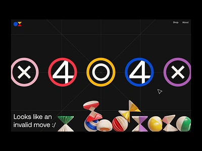 Invalid Move 3d 404 after effects animation blender colorful cursor error falling game missing page wipe physics pieces playful primary rigid body tictactoe tumble web design