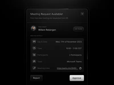 Meeting Request 🧑🏻💻 clean component conference dark design element icon interface interview job meeting minimal modal popup product simple snipet style ui web