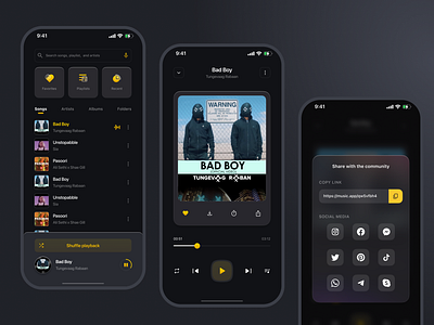 Live Music App android app dark design glassmorphism ios iphone mobile music online playlist presentation shots spotify theme ui ux