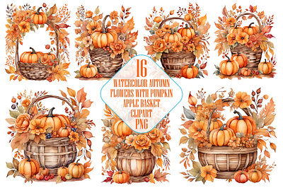 Watercolor Autumn Flowers With Pumpkin Apple Basket Clipart For 3d animation app branding design graphic design illustration logo ui vector