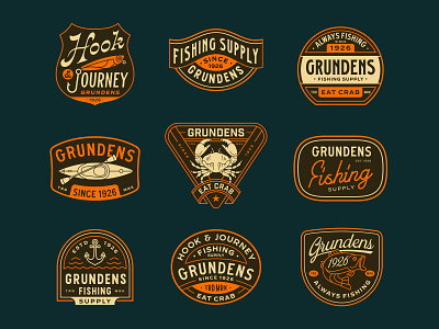 Grundens - Badges apparel badge badge design badges branding crab fish fishing hook illustration line lineart logo merchandise minimal monoline outdoor retro t shirt vintage