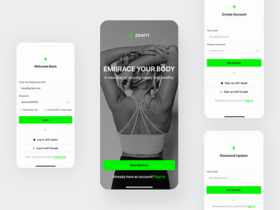 ZenFit App app create account daily ui design fitness fitness app fitness planner graphic design login mobile mobile app mobile app design registration typography ui ux vector