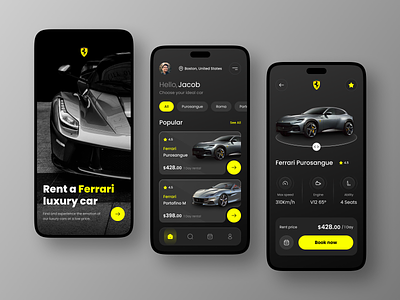 Ferrari Rental Car 🏎️ app design car card dark design figma interaction interaction design ios iosapp luxury minimalist rental ui ui design user interface ux ux design