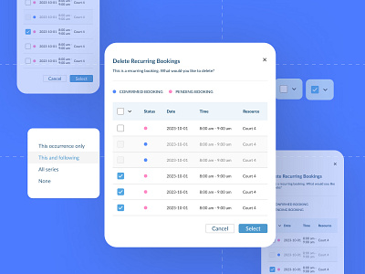 Booking Deletion Enhancement bookings courtsite dashboard delete options figma interface enhancement redesign select options sport booking ui web design