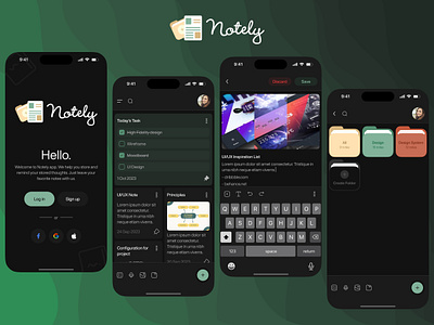 Notely "Keep your notes secured" application appnote appuikit branding design logo mobileuikit note noteapp product takenotes typography ui ux uxui