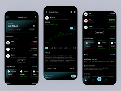 Stock Trading - Mobile App app clean dark mode design glassmorphism mobile modern stock trading ui ux