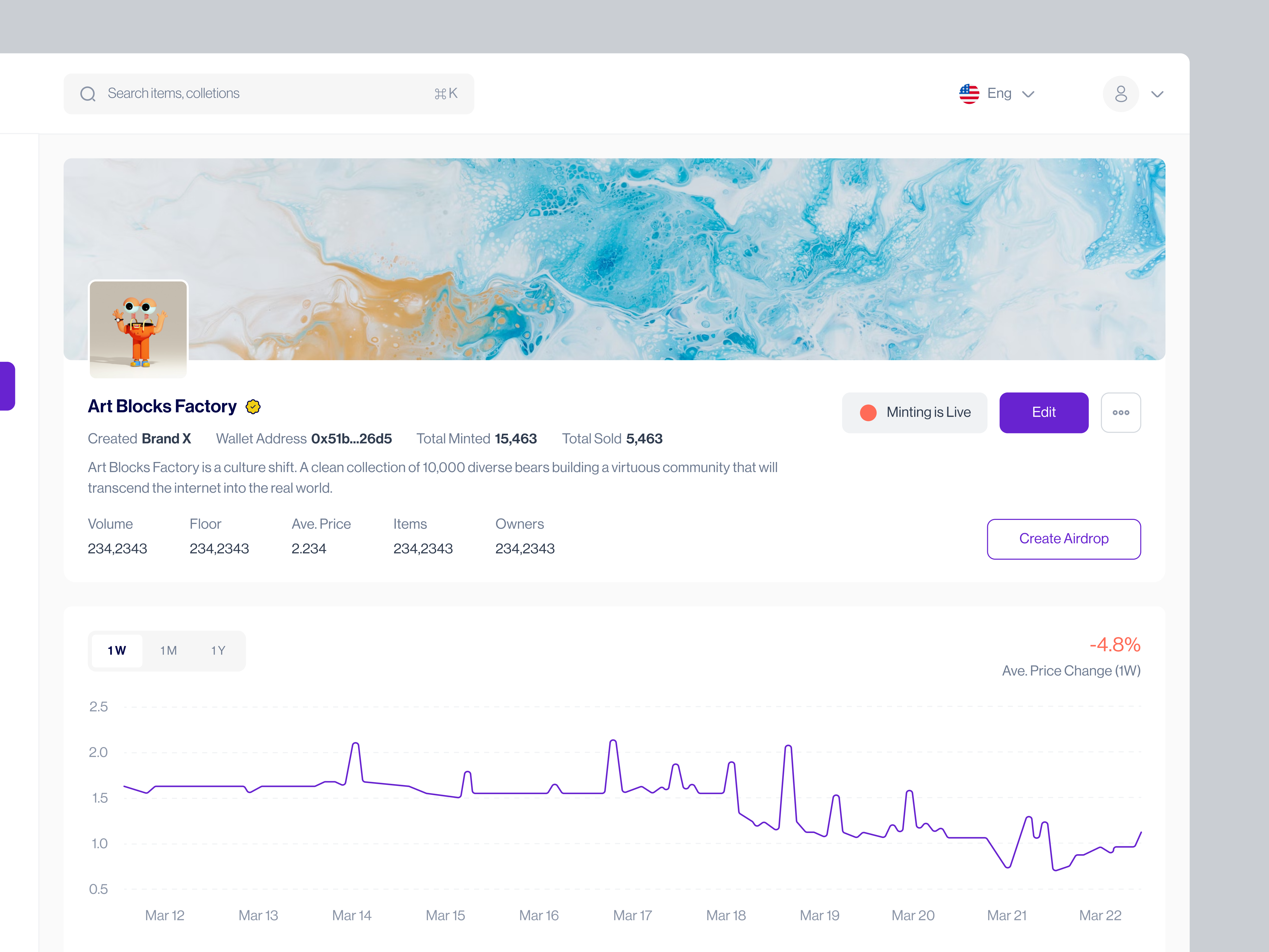 NFT Platform - Collection Details airdrop analytics art charts clean crypto design embed exchange graph marketplace minimal minting nft nft art nft marketplace product saas uiux wallet