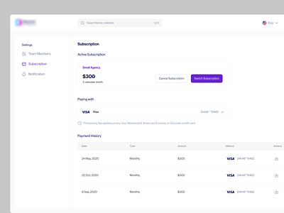 NFT Platform - Settings Page billing customize history listing management menu modal nav notification payment preference product design saas setting page settings sidebar subscriptions team toggle uiux