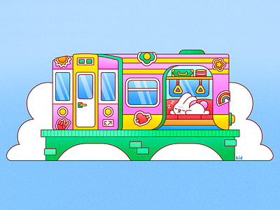 Peachtober23: Snooze bold bridge bunny clouds colorful cute design flat illustration illustrator japan kawaii landscape rabbit railway sleeping texture train travel vector