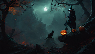 CYBER Witch black cat cyberpunk art futuristic art halloween jack o lantern magic night spooky wallpaper witch