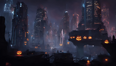 Cyberpunk City in a Halloween cyberpunk art cyberpunk city futuristic art halloween halloween night jack o lantern sci fi