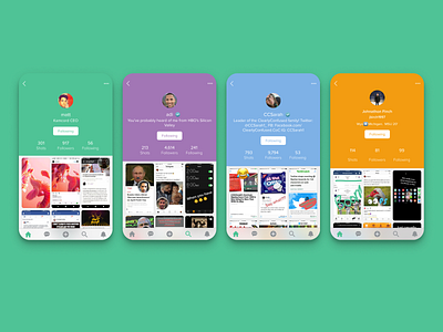 Kamcord iOS multi-color profiles apple blue ceo followers green grid interface ios iphone kamcord profile purple recording screen screenshot tabs ui user friendly ux yellow