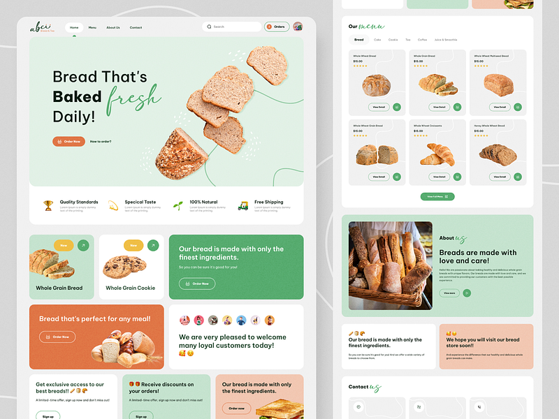 Abcii Bread & Tea Website baked bakery branding bread breatea food food delivery fresh green heathly ui ui design uiux uiux design uxui webdesign website