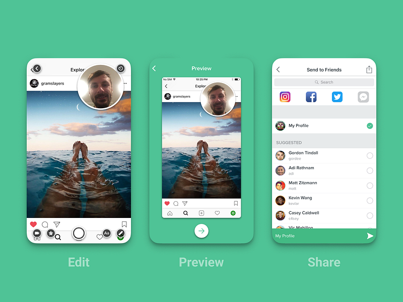 Kamcord iOS Screenshot Edit > Share Flow apple create edit flow image innovate ios iphone kamcord material metaphor recording redesign screen screenshot share social tile ui ux
