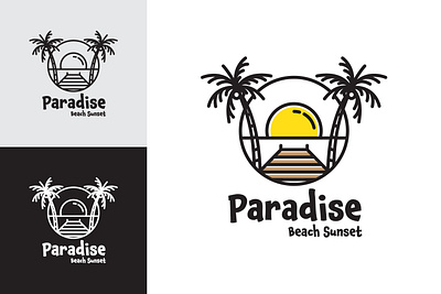 Paradise line art logo beach branding coastline design graphic design icon illustration island line line art logo monoline outline palm paradise simple sun sunset tree two