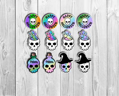Halloween Skull Stickers alternative emo goth graphic design halloween halloween stickers happy halloween illustration kawaii pastel goth png bundle rainbow skulls sticker bundle