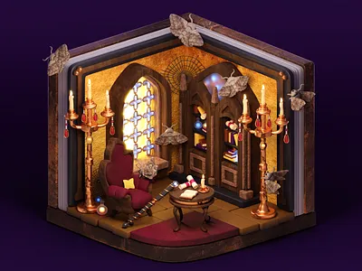 Moth bitten library 3d art blender books bookshelf cozy cozy room halloween isometric library light magic medieval moth potion render room wizard