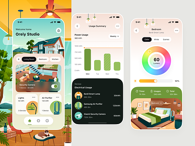 Smart Home Mobile App 🏡 ai animation design device earth tone electricity graphic graphic bedroom home house houses illustraiton iot mobile app modern home orange orely smart home ui yello