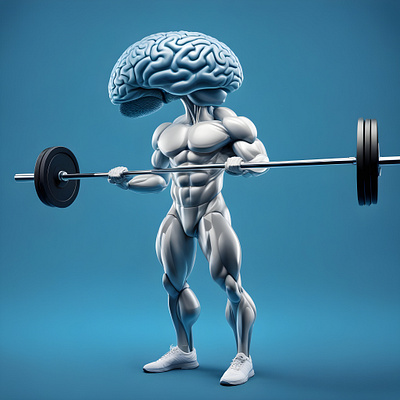 "Athletic Man with Brain-Like Head Lifting Barbell"